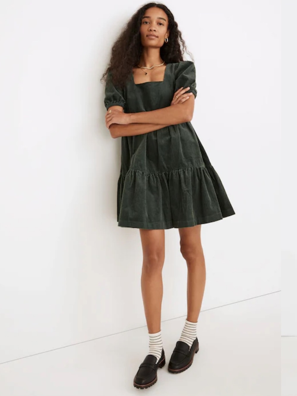 Madewell Corduroy Aidy Square-Neck Tiered Mini Dress - Size 10